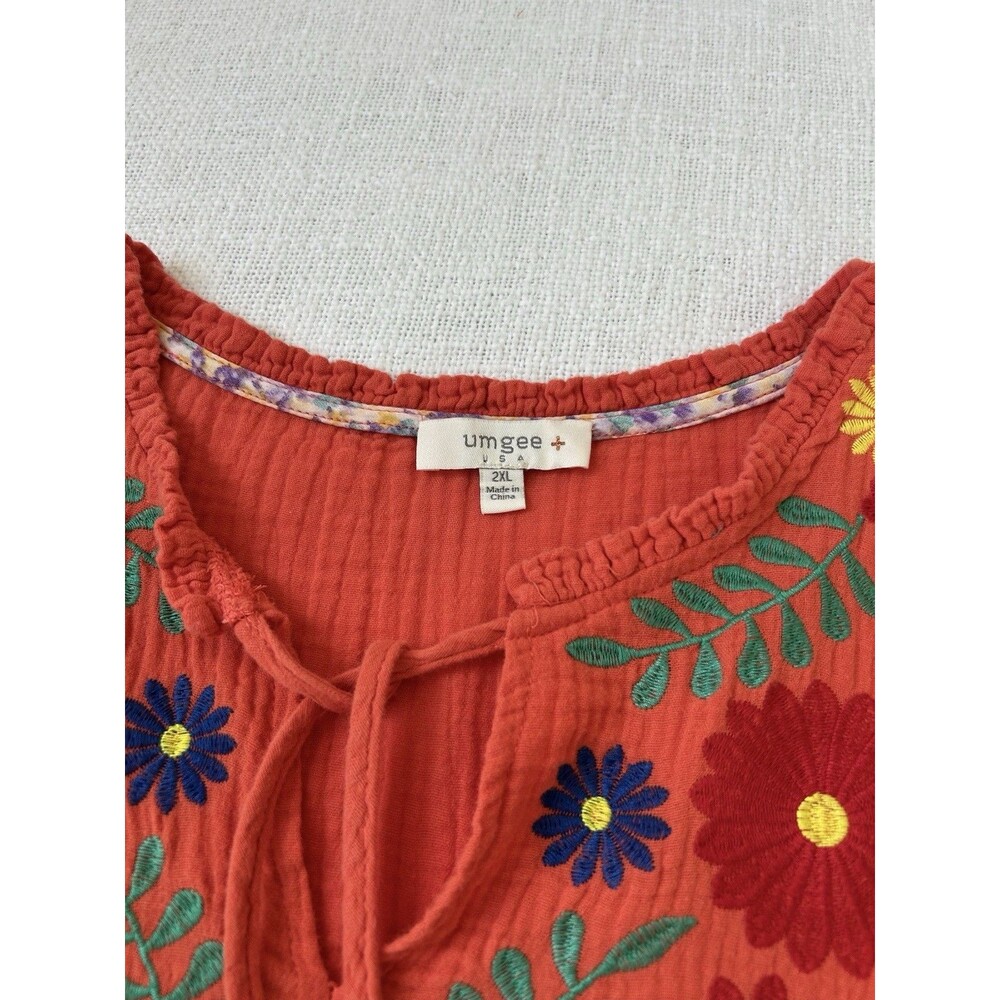 Umgee Cotton Gauze Floral Embroidery Baby Doll Top Size 2XL Orange Comfy Spring - Picture 4 of 9